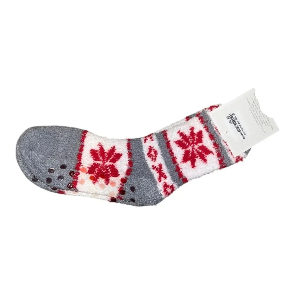 Christopher & Banks Womens Gray Red Fair Isle Ankle Grip Cozy Socks Sz 4-10 NWT